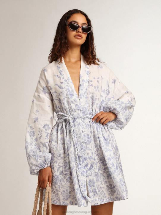 mujer Vestido mini resort collection de lino con estampado azul mediterráneoGolden Goose 02H61009