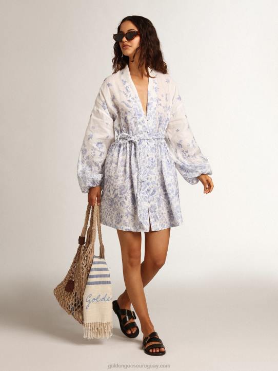 mujer Vestido mini resort collection de lino con estampado azul mediterráneoGolden Goose 02H61009