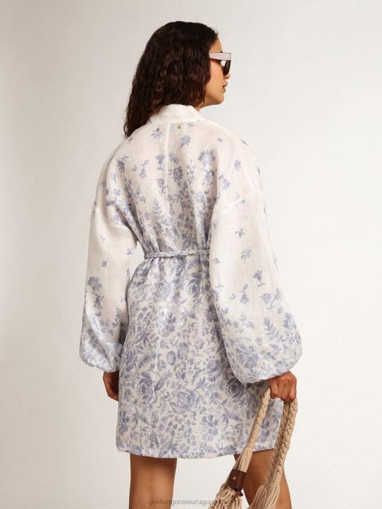 mujer Vestido mini resort collection de lino con estampado azul mediterráneoGolden Goose 02H61009