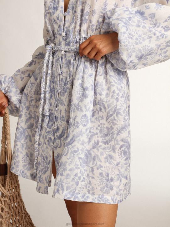 mujer Vestido mini resort collection de lino con estampado azul mediterráneoGolden Goose 02H61009