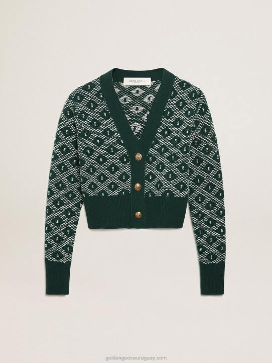 mujer Cárdigan corto de la colección Journey con estampado de rombos en jacquard verde y blanco.Golden Goose 02H6997