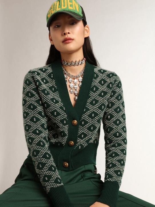 mujer Cárdigan corto de la colección Journey con estampado de rombos en jacquard verde y blanco.Golden Goose 02H6997
