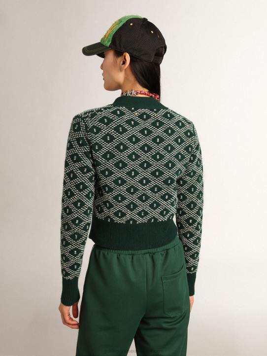 mujer Cárdigan corto de la colección Journey con estampado de rombos en jacquard verde y blanco.Golden Goose 02H6997