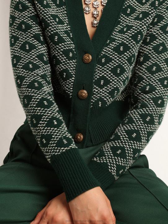 mujer Cárdigan corto de la colección Journey con estampado de rombos en jacquard verde y blanco.Golden Goose 02H6997