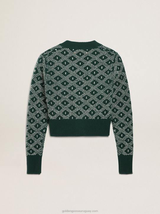 mujer Cárdigan corto de la colección Journey con estampado de rombos en jacquard verde y blanco.Golden Goose 02H6997