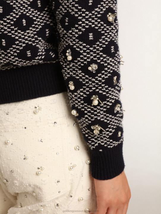 mujer Jersey de cuello redondo de la colección Journey con estampado geométrico azul y blanco y detalle de abalorios.Golden Goose 02H61001