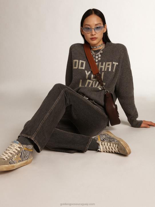 mujer Jersey de cuello redondo de la colección Journey en gris melange con letras brillantesGolden Goose 02H6999