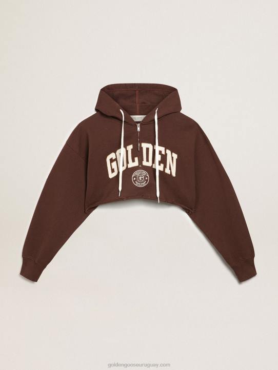 mujer Sudadera corta con capucha de la colección Journey en marrón nogal con letras doradas blancas en contraste 02H6989