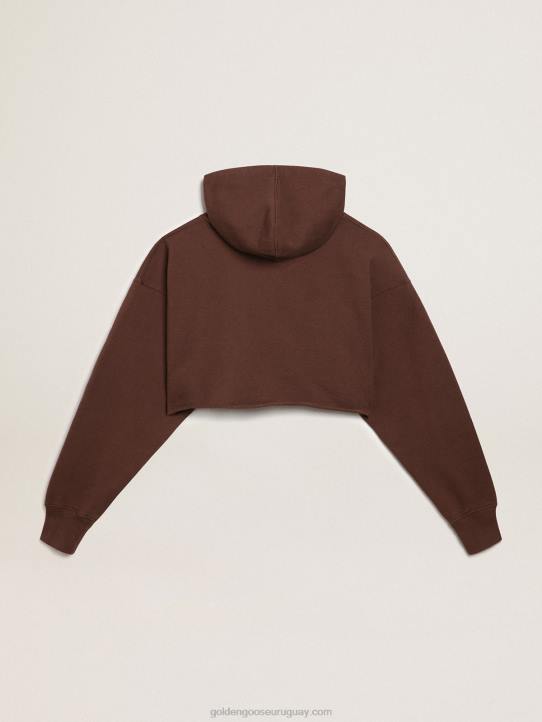 mujer Sudadera corta con capucha de la colección Journey en marrón nogal con letras doradas blancas en contraste 02H6989