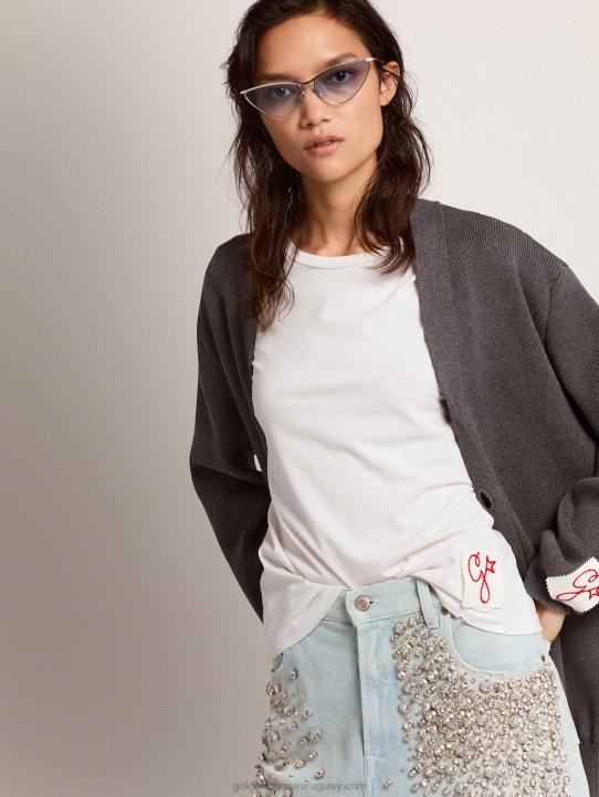 mujer cárdigan de algodón gris jaspeado con logo en la espaldaGolden Goose 02H6970