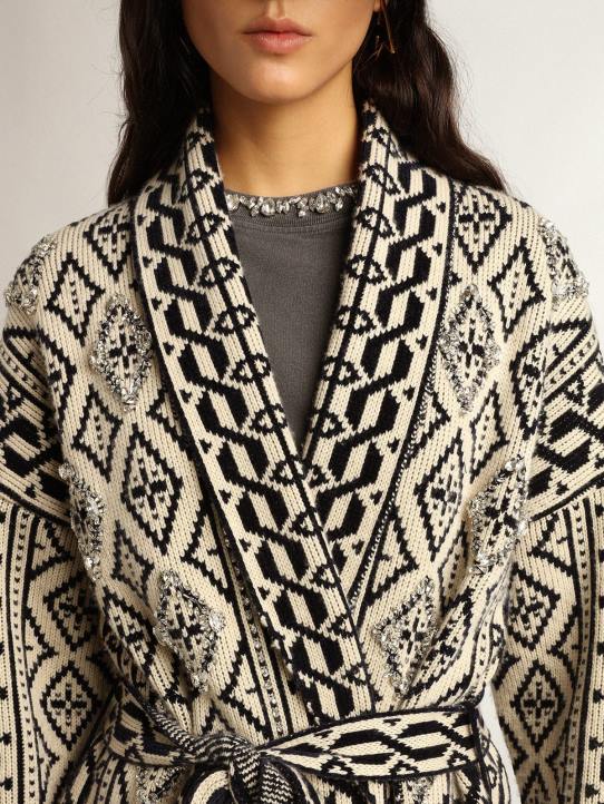 mujer cárdigan de lana color papiro con motivo jacquard y cristalesGolden Goose 02H6946