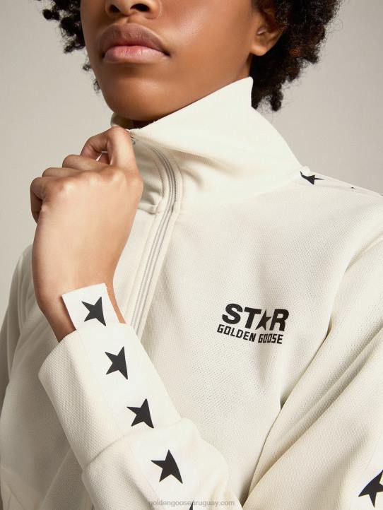 mujer sudadera blanca con cremallera, franja blanca y estrellas negrasGolden Goose 02H6935