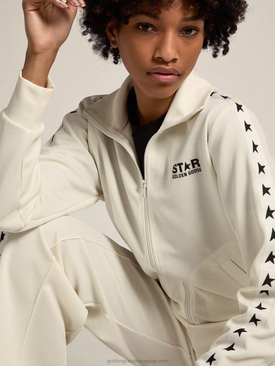 mujer sudadera blanca con cremallera, franja blanca y estrellas negrasGolden Goose 02H6935