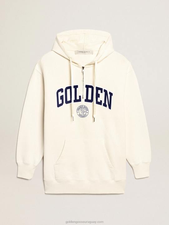mujer vestido sudadera blanco con capucha y parche dorado 02H6955