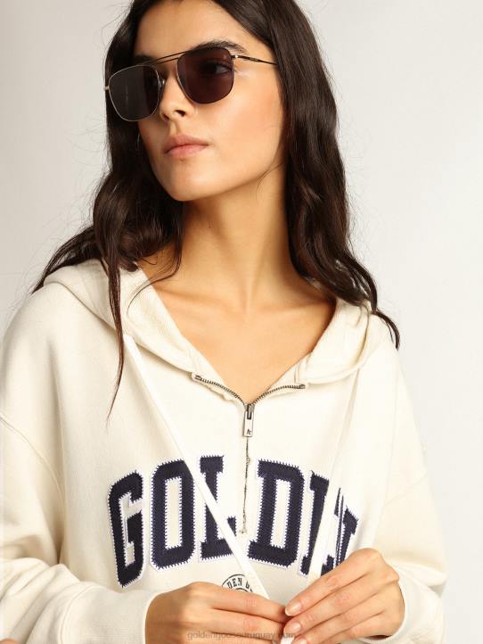 mujer vestido sudadera blanco con capucha y parche dorado 02H6955