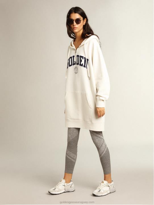 mujer vestido sudadera blanco con capucha y parche dorado 02H6955