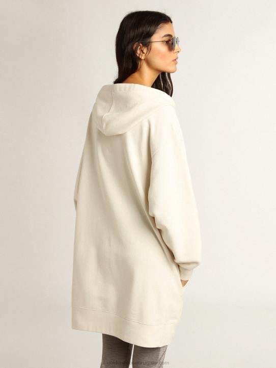 mujer vestido sudadera blanco con capucha y parche dorado 02H6955