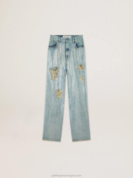 mujer Vaqueros de la colección Journey en denim azul claro con efecto envejecido y lentejuelas por toda la prendaGolden Goose 02H61017