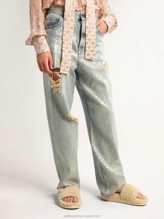 mujer Vaqueros de la colección Journey en denim azul claro con efecto envejecido y lentejuelas por toda la prendaGolden Goose 02H61017