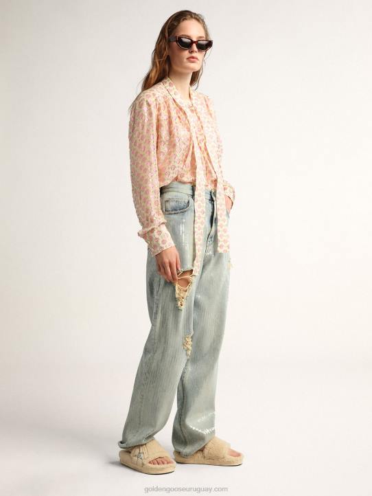 mujer Vaqueros de la colección Journey en denim azul claro con efecto envejecido y lentejuelas por toda la prendaGolden Goose 02H61017