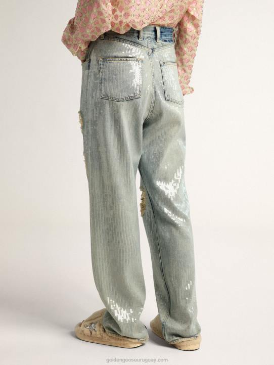 mujer Vaqueros de la colección Journey en denim azul claro con efecto envejecido y lentejuelas por toda la prendaGolden Goose 02H61017