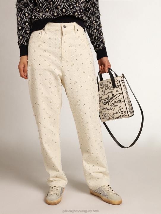 mujer Vaqueros kim de la colección Journey de algodón blanco roto con motivos de rombos y detalles de cuentas y cristales.Golden Goose 02H6948