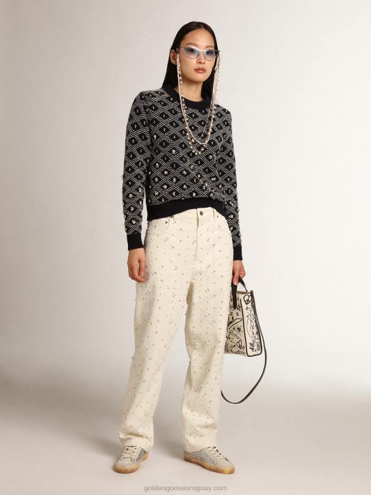 mujer Vaqueros kim de la colección Journey de algodón blanco roto con motivos de rombos y detalles de cuentas y cristales.Golden Goose 02H6948