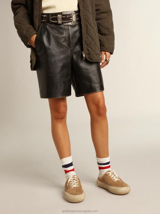 mujer bermudas de piel negra con efecto desgastadoGolden Goose 02H6965