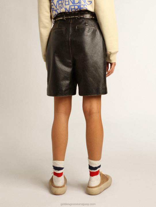 mujer bermudas de piel negra con efecto desgastadoGolden Goose 02H6965