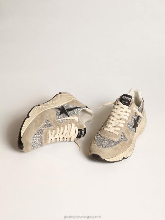 mujer Deportivas suela running de ante glitter plateado y gris tórtola con estrella de piel negraGolden Goose 02H682
