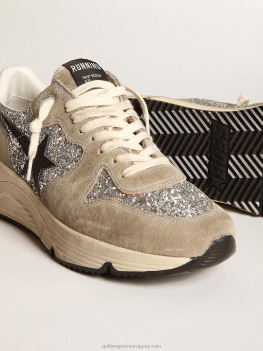 mujer Deportivas suela running de ante glitter plateado y gris tórtola con estrella de piel negraGolden Goose 02H682