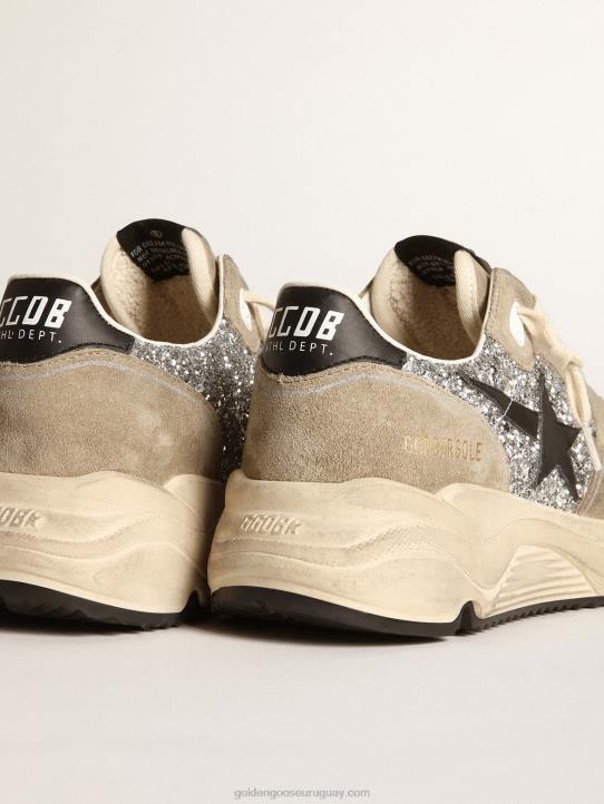 mujer Deportivas suela running de ante glitter plateado y gris tórtola con estrella de piel negraGolden Goose 02H682