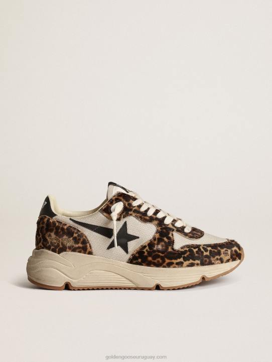 mujer Zapatillas deportivas con suela de running de malla color crema con inserciones de piel de potro con estampado de leopardo y estrella de piel negraGolden Goose 02H647