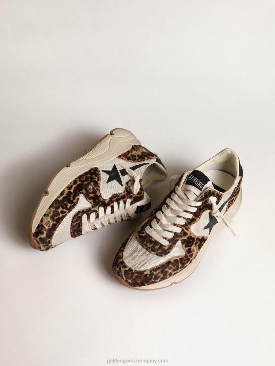 mujer Zapatillas deportivas con suela de running de malla color crema con inserciones de piel de potro con estampado de leopardo y estrella de piel negraGolden Goose 02H647