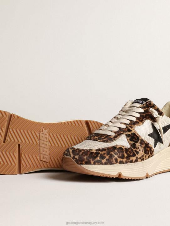 mujer Zapatillas deportivas con suela de running de malla color crema con inserciones de piel de potro con estampado de leopardo y estrella de piel negraGolden Goose 02H647