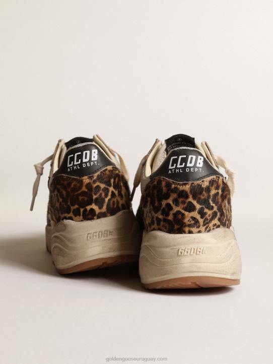 mujer Zapatillas deportivas con suela de running de malla color crema con inserciones de piel de potro con estampado de leopardo y estrella de piel negraGolden Goose 02H647