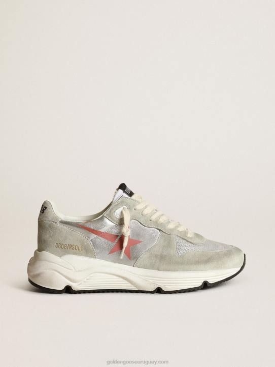 mujer Zapatillas deportivas con suela de running de piel laminada plateada con inserciones de ante gris hieloGolden Goose 02H676