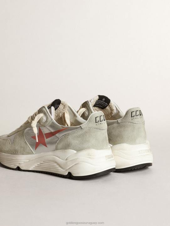 mujer Zapatillas deportivas con suela de running de piel laminada plateada con inserciones de ante gris hieloGolden Goose 02H676