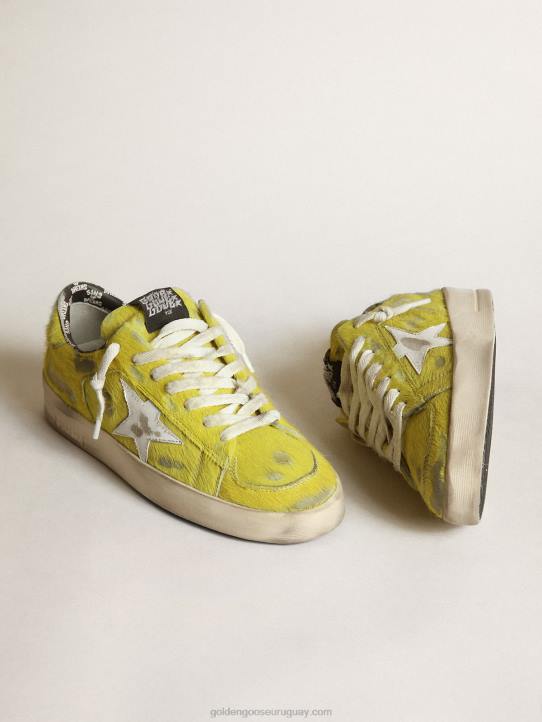 mujer zapatillas stardan de piel de potro amarillo flúor con estrella de piel blancaGolden Goose 02H688