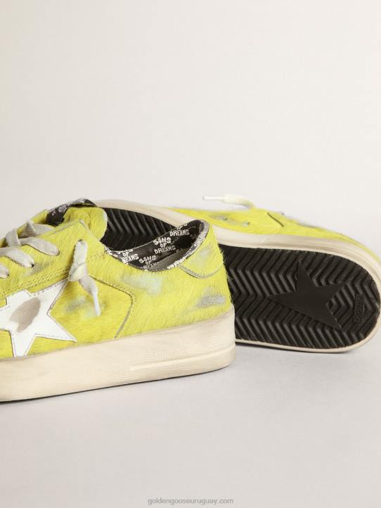 mujer zapatillas stardan de piel de potro amarillo flúor con estrella de piel blancaGolden Goose 02H688