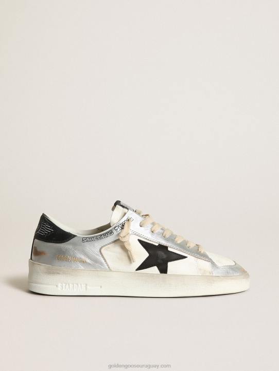 mujer zapatillas stardan de piel laminada plateada con inserciones de napa blanca y estrella de piel negraGolden Goose 02H6256
