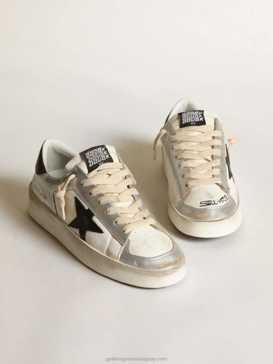 mujer zapatillas stardan de piel laminada plateada con inserciones de napa blanca y estrella de piel negraGolden Goose 02H6256