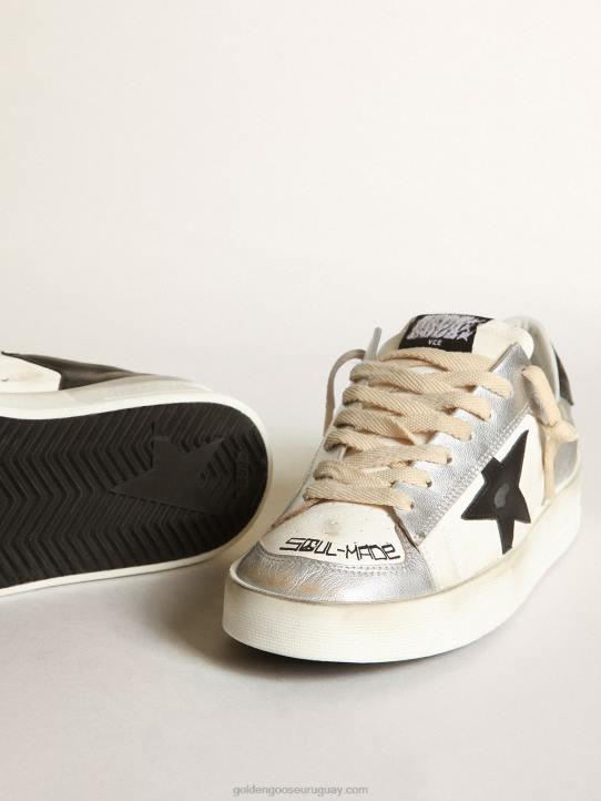 mujer zapatillas stardan de piel laminada plateada con inserciones de napa blanca y estrella de piel negraGolden Goose 02H6256