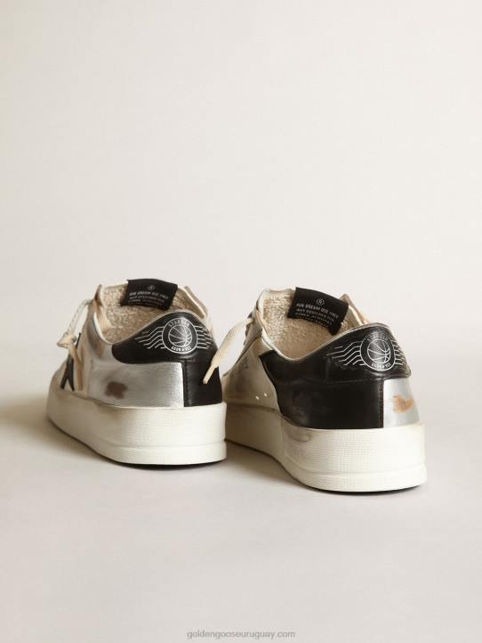 mujer zapatillas stardan de piel laminada plateada con inserciones de napa blanca y estrella de piel negraGolden Goose 02H6256
