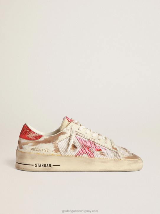 mujer zapatillas stardan lab de piel blanca y malla con estrella de piel laminada rojaGolden Goose 02H6247