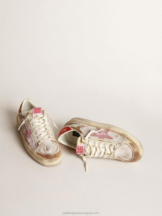 mujer zapatillas stardan lab de piel blanca y malla con estrella de piel laminada rojaGolden Goose 02H6247
