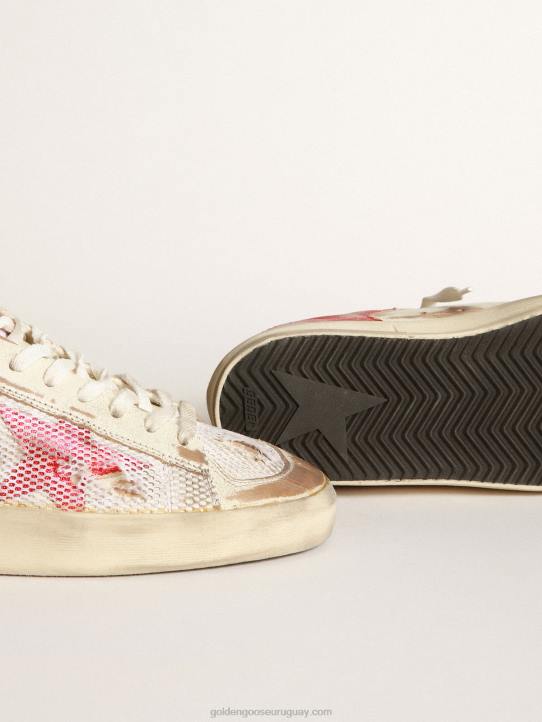 mujer zapatillas stardan lab de piel blanca y malla con estrella de piel laminada rojaGolden Goose 02H6247