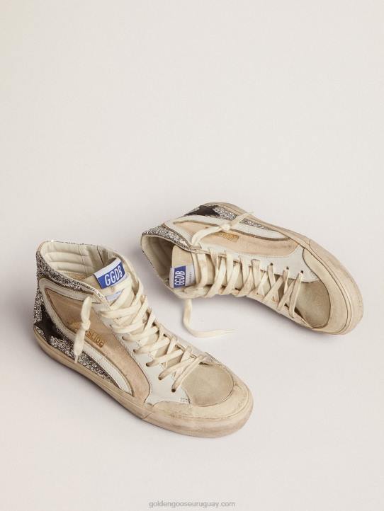 mujer Deportivas penstar slide de lona color crema y purpurina plateada con estrella de piel negraGolden Goose 02H6276