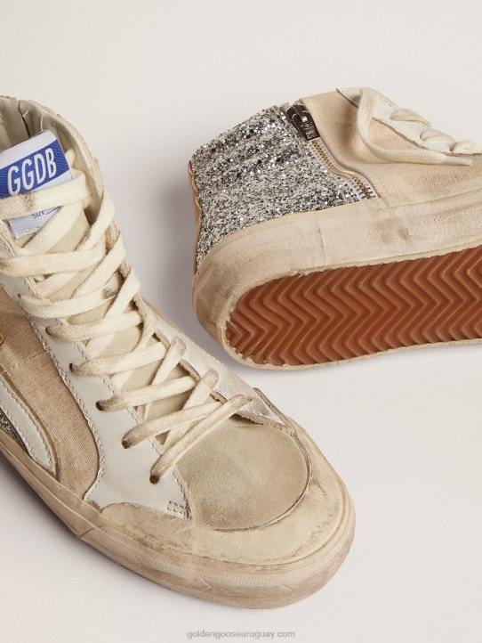 mujer Deportivas penstar slide de lona color crema y purpurina plateada con estrella de piel negraGolden Goose 02H6276