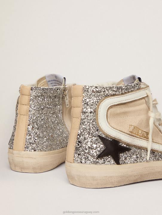 mujer Deportivas penstar slide de lona color crema y purpurina plateada con estrella de piel negraGolden Goose 02H6276
